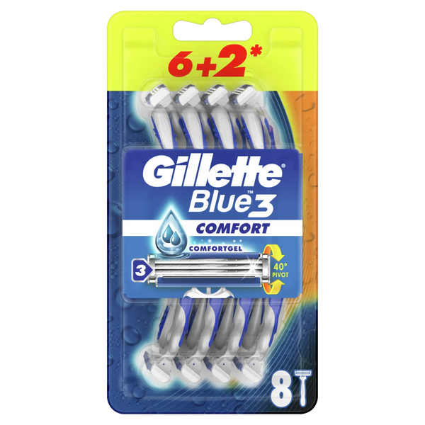 Gillette Blue3 Comfort Disposable Razors Pivoting Head Enhanced Lubrastrip Soft Ultragrip 8 Pieces