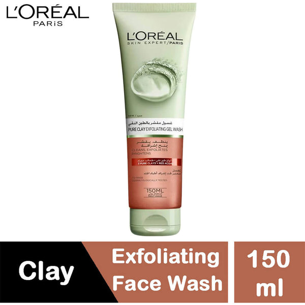 L'Oreal Paris Skin Expert Clay Exfoliating Gel Face Wash, 3 Pure Clays, Red Algae, 150 ml