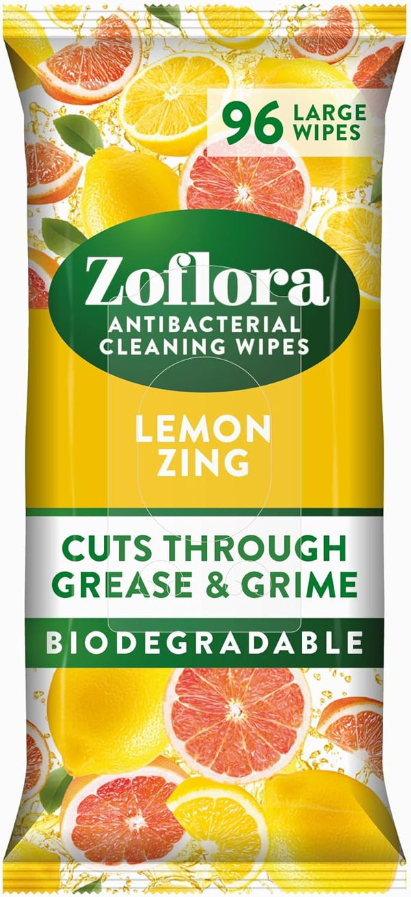 Zoflora Lemon Zing Antibacterial Multi-Surface Cleaning Wipes, 96 Large Wipes