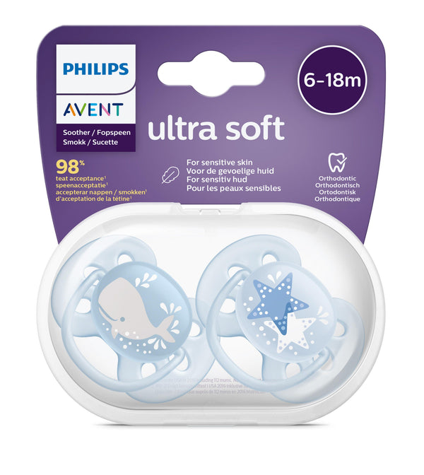 Avent Ultra Soft Soother Pacifier, Flexible Shield, Silicone Nipple, 6-18 Months, Boy, 2-Pack