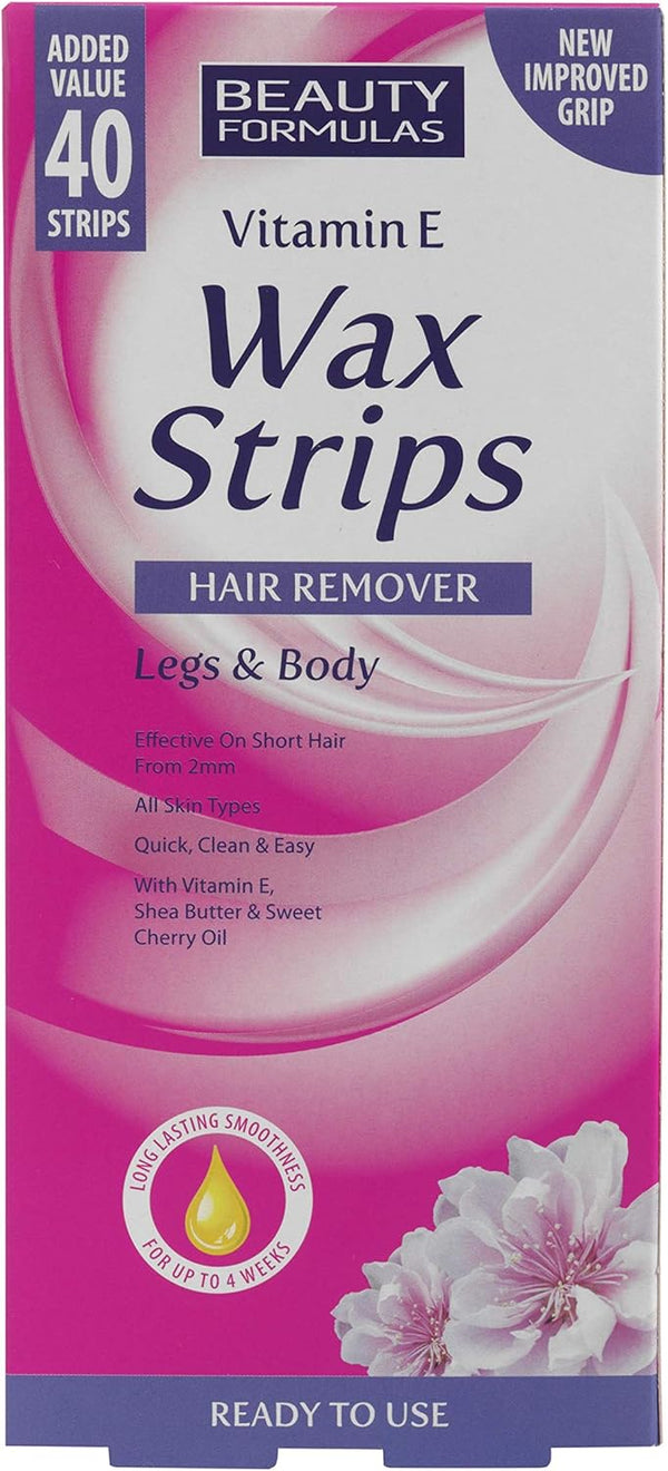 Beauty Formulas Vitamin E Wax Strips Hair Remover for Legs & Body, 40 Strips