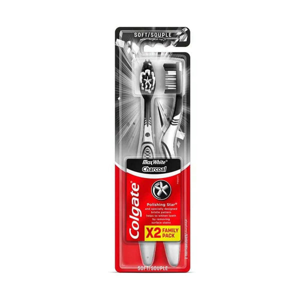Colgate Max White Charcoal Soft Toothbrushes, Polishing Star Bristles, Ergonomic Handle, 2-Pack