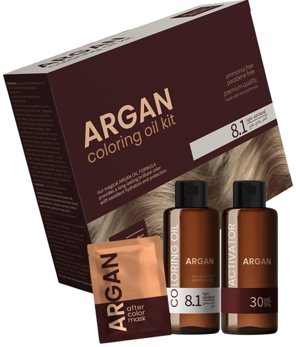 ARGAN COLORING OIL Hair Coloring Kit Cream Permanent Formula Light Ash Blond 8.1, 75 ml