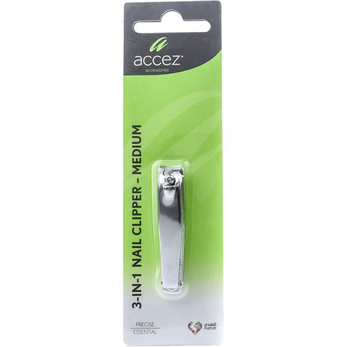Accez 3-in-1 Nail Clipper, Medium Stainless Steel with File, Cleaner and Chain