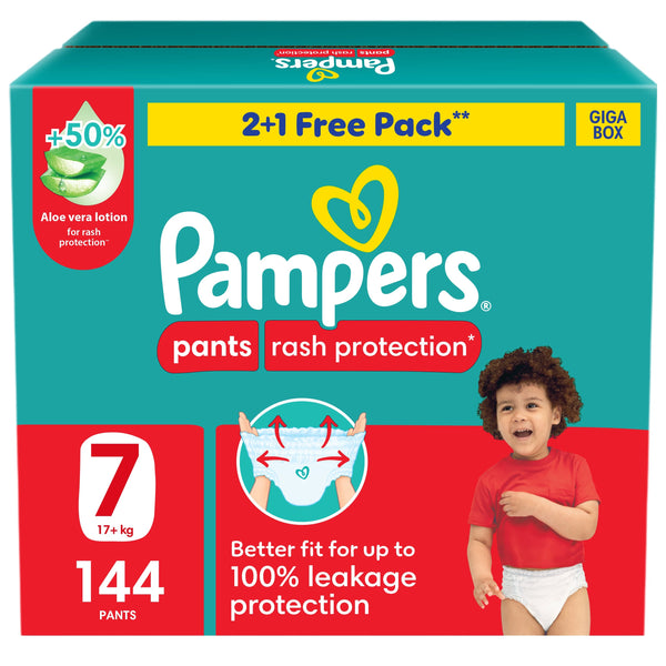 Pampers Pants Size 7 Rash Protection Diapers Aloe Vera Lotion 17+ kg 144 Count