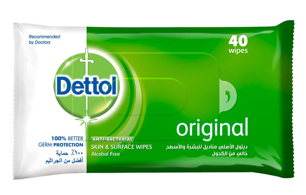 Dettol Original Hand and Surface Cleaning Wipes, Refreshing Scent, 40 Wipes