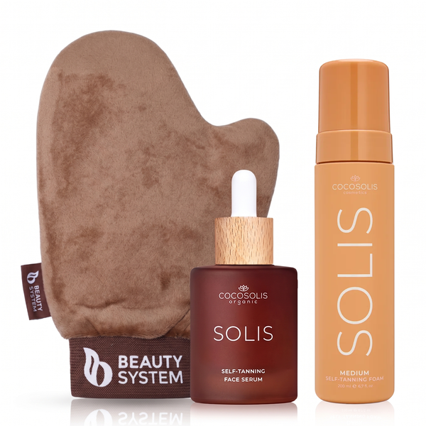 CocoSolace Self-Tanning Set Face and Body Mousse and Serum Medium 200 ml + 50 ml with Mitt
