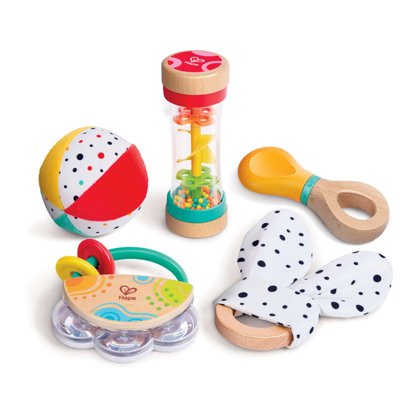 Hape 5-in-1 Baby Sensory Toy Set with Tambourine, Rattle, Ball, Ring and Rainmaker, 0M+