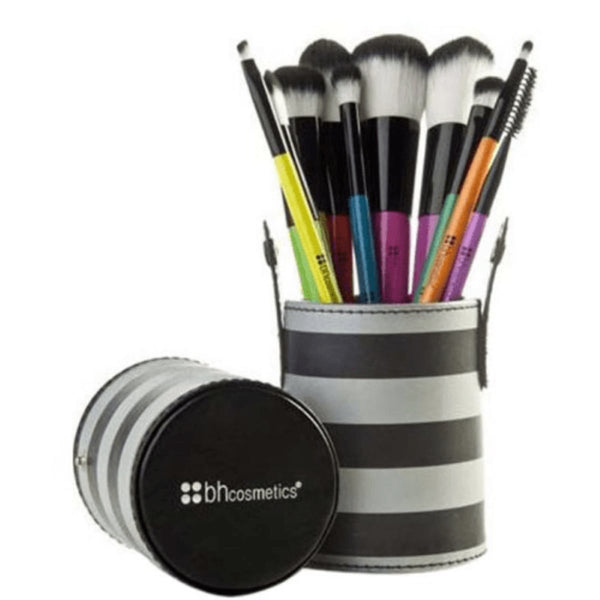 BH Cosmetics Pop Art Makeup Brush Set, Soft Synthetic Bristles, Striped Holder, 10 Pieces