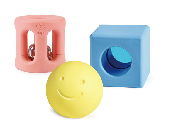 Hape Geometric Rice-Based Baby Rattles, Easy-Grip 3-Piece Set, 0M+