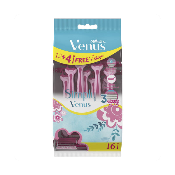 Gillette Simply Venus SV3 Disposable Razors 3-Blade Moisture Strip 16 Pieces