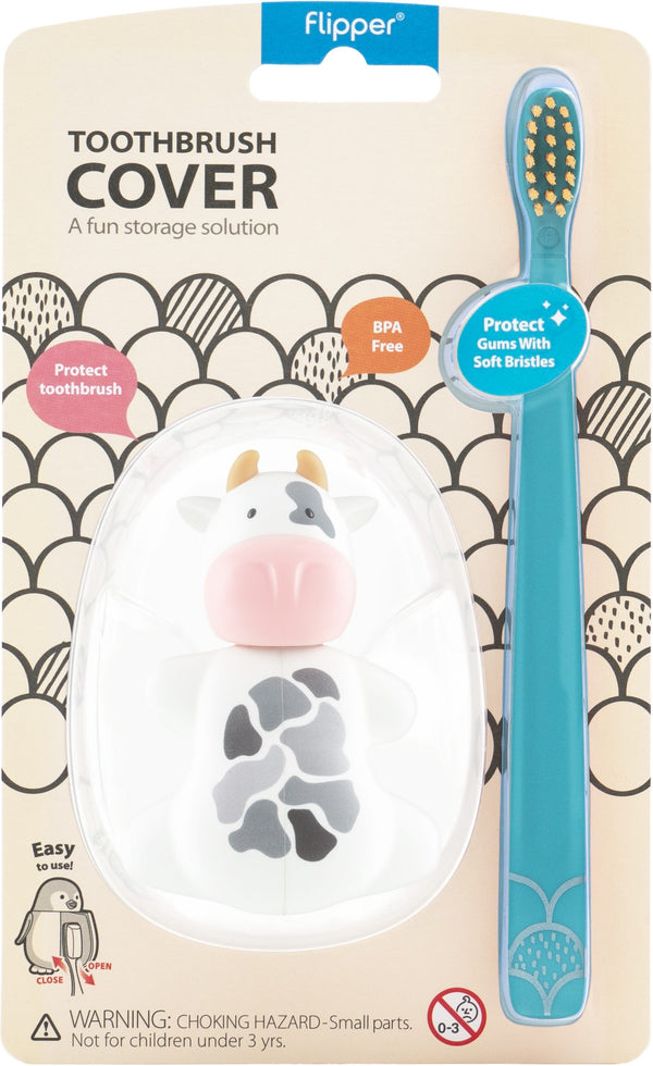 Flipper Toothbrush Cover and Soft Bristle Kids Toothbrush Combo Cow Design