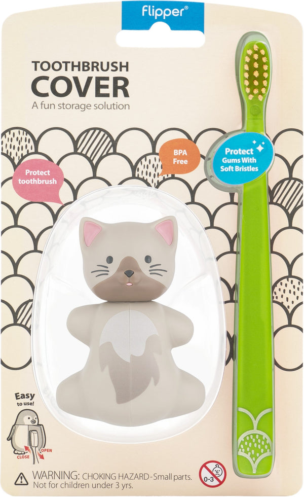 Flipper Animal Toothbrush Cover and Kids Soft-Bristle Toothbrush Cat Combo Pack