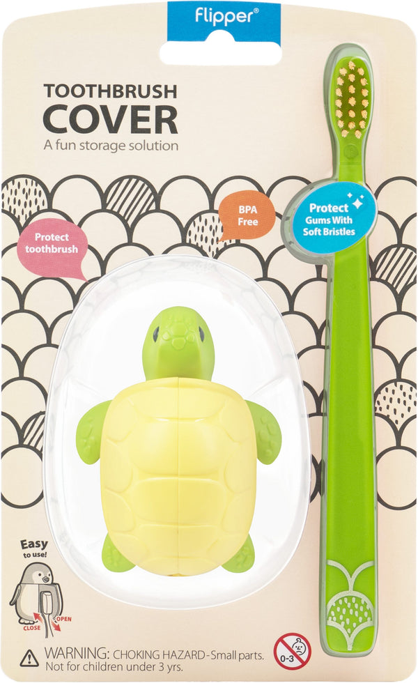 Flipper Toothbrush Cover and Kids Soft Bristle Toothbrush Combo Turtle Design
