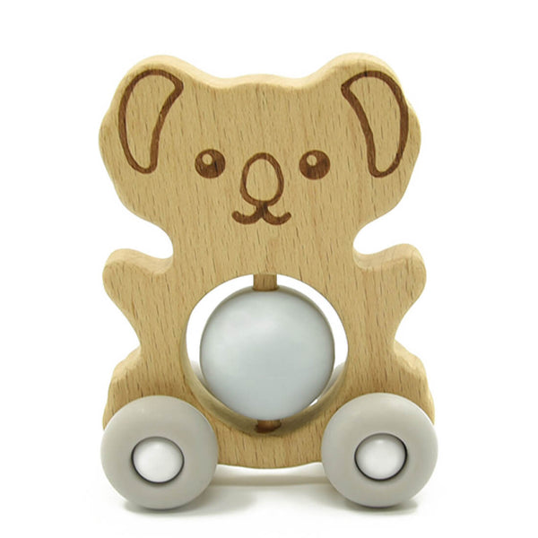 Luqu Silicone + Wood Teether Wheelie Toy, BPA-Free, Beechwood and Soft Silicone