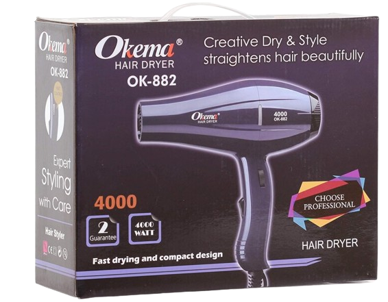 Okema OK882 Hair Dryer Fast Drying Even Heat Distribution Ergonomic Design