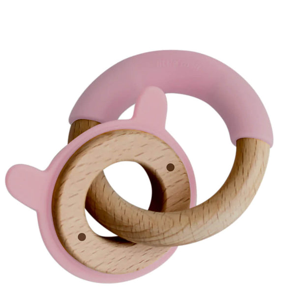 Luqu Silicone and Wood Teether Rings, Food-Grade Silicone and Oak Wood, 2 Rings