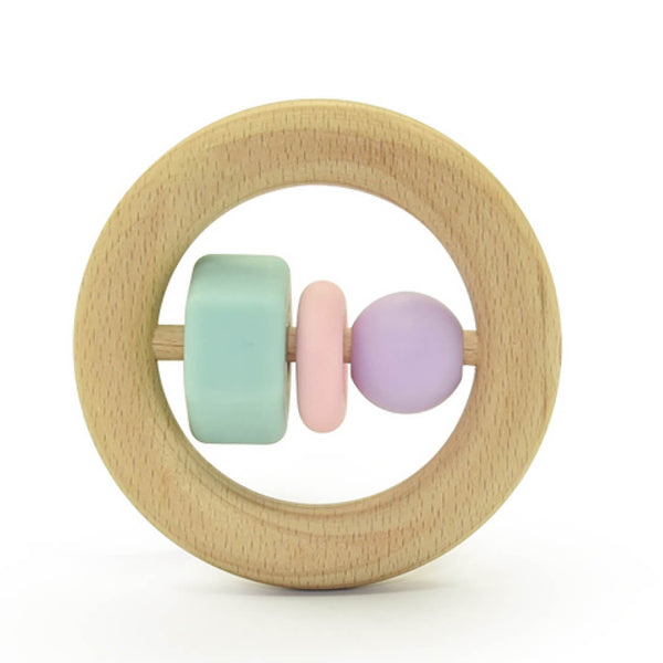 Luqu Silicone and Wood Teether Ring, Circle Shape, Beechwood and BPA-Free Silicone