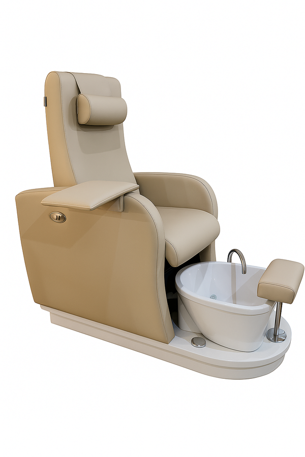 Salon System Pedicure Chair with Built-In Jacuzzi Basin, Electric Swivel Back, Beige