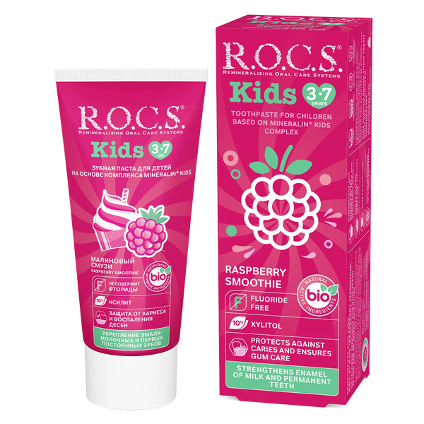 ROCS Kids Raspberry Smoothie Toothpaste for Children Aged 3-7, Fluoride-Free, 45g