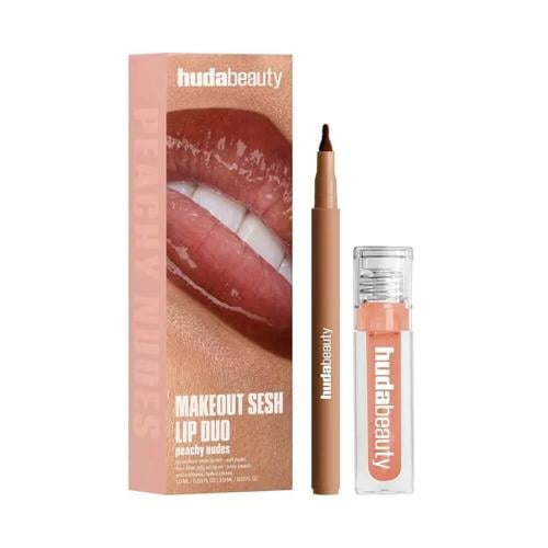 Huda Beauty Makeout Sesh Lip Duo Lip Liner and Jelly Oil Peachy Nudes