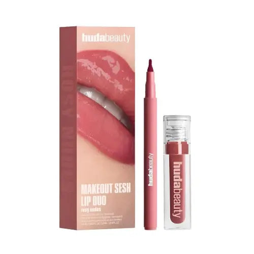 Huda Beauty Makeout Sesh Lip Duo Lip Liner and High-Shine Gloss Rosy Nudes
