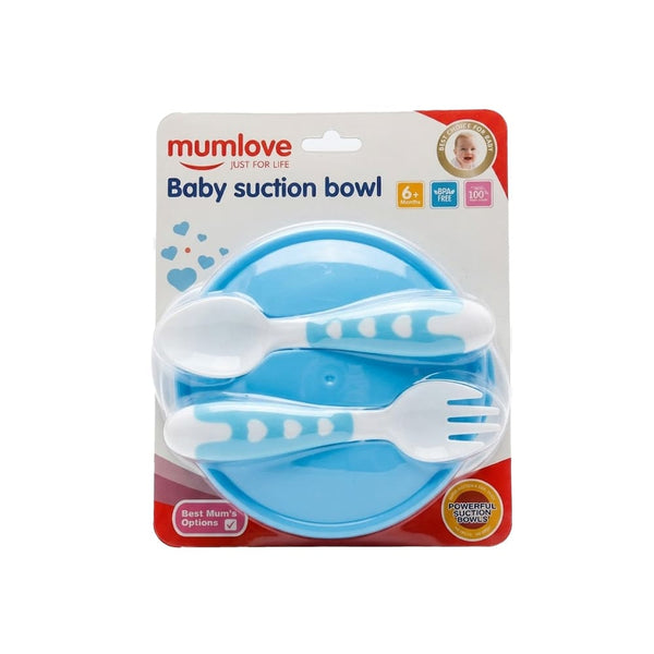 MumLove Baby Feeding Bowl Set with Spoon and Fork, Blue, 6+ Months