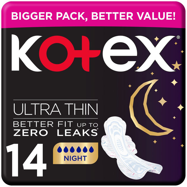 Kotex Ultra Thin Night Pads With Wings, Soft Cover, Wide Back, 14 Pads