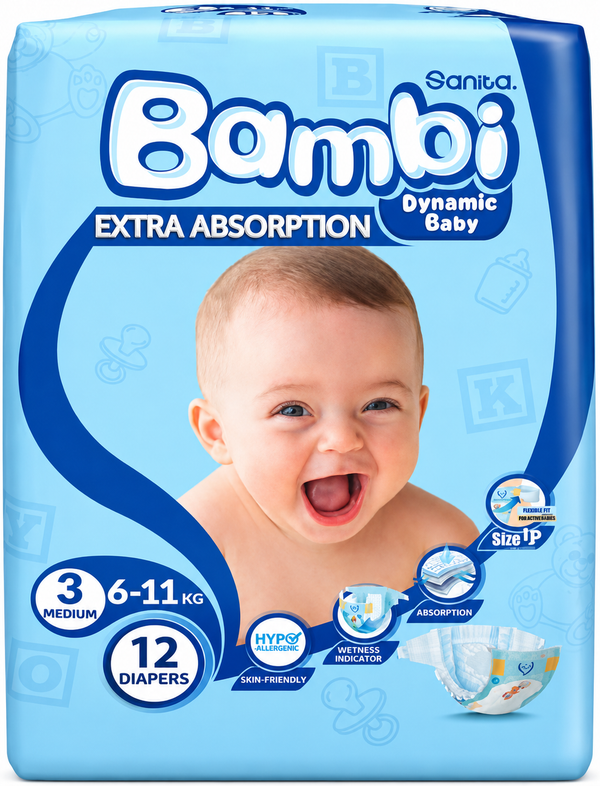Bambi Size 3 Baby Diapers High Absorbency Comfortable Design 12 Count