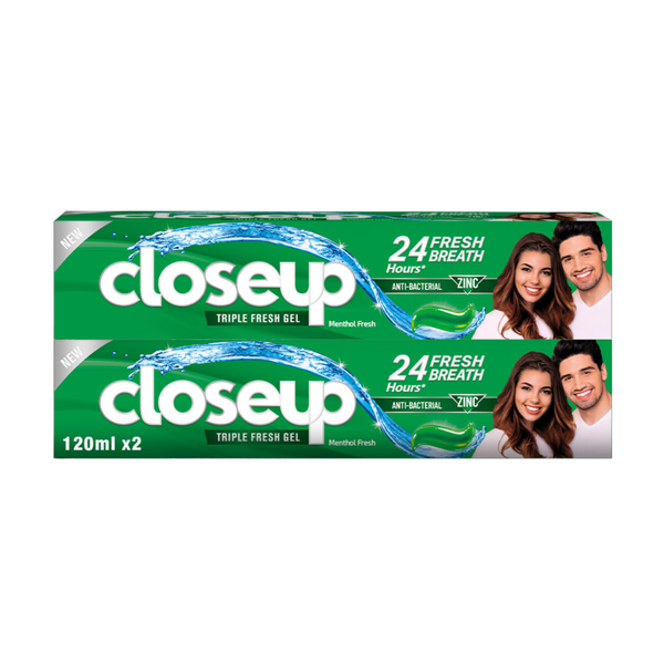 Closeup Triple Fresh Gel Toothpaste Menthol Fresh Antibacterial Zinc 120ml x 2
