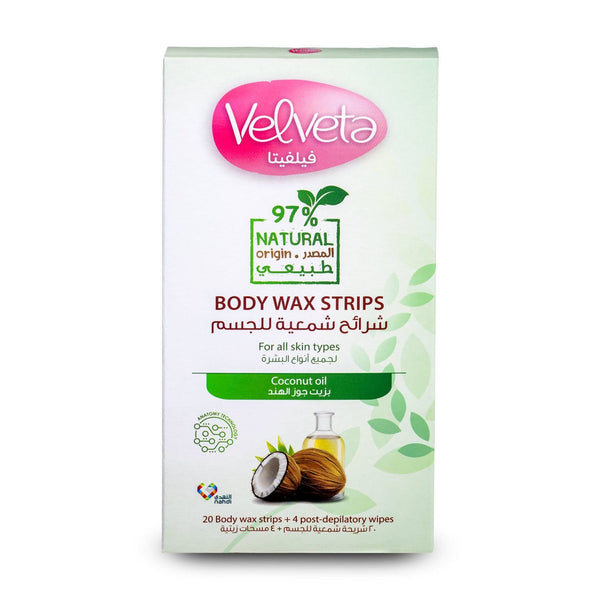 Velveta Natural Body Hair Removal Wax Strips with Coconut Oil, 20 Pieces