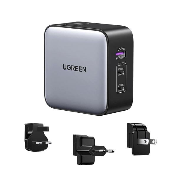Ugreen Nexode GaN Travel Charger 65W, 2 USB-C and 1 USB-A Ports, US/UK/EU Plugs, Gray