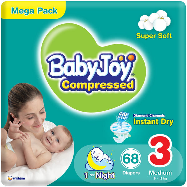 BabyJoy Compressed Size 3 Regular Baby Diapers Mega Pack, 68 Pieces