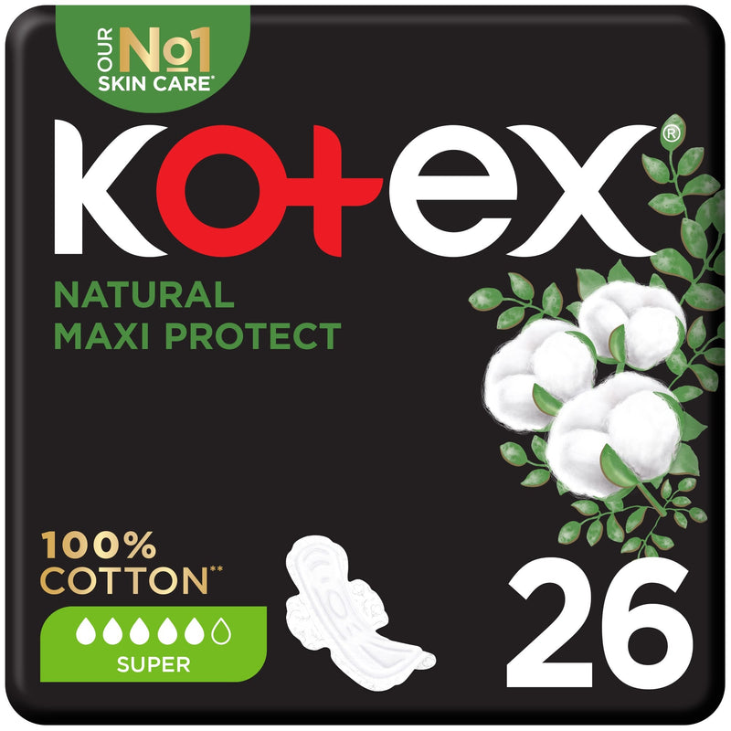 Kotex Natural Maxi Thick Sanitary Pads 100% Cotton Wings Medium to Heavy Flow 26 Pieces
