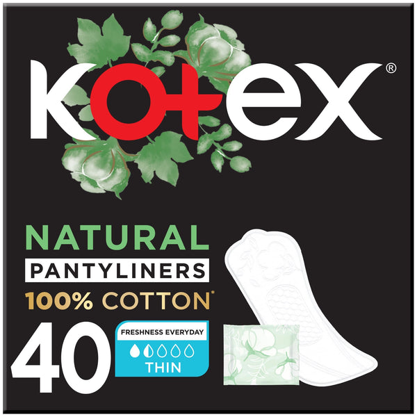 Kotex Natural Cotton Thin Panty Liners Hypoallergenic Individually Wrapped 40 Pieces