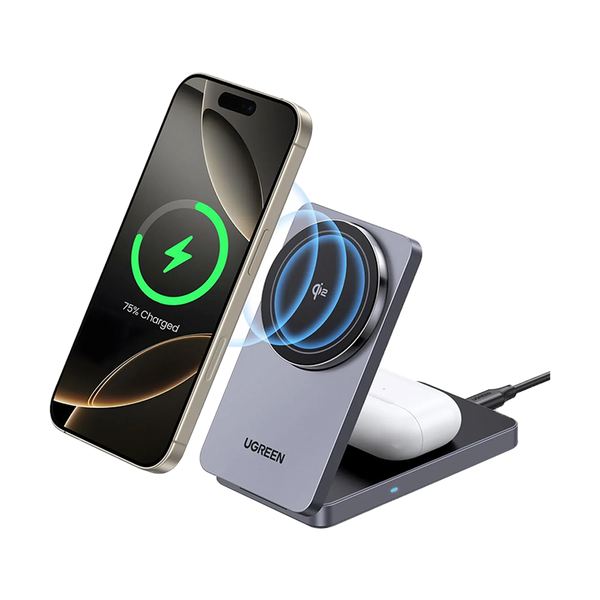 Ugreen MagFlow 2-in-1 Magnetic Wireless Charger for MagSafe iPhone and AirPods, Gray