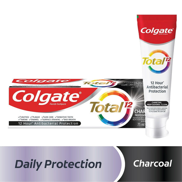 Colgate Total Charcoal Clean Toothpaste, Fluoride, Mint, 12-Hour Protection, 75 ml