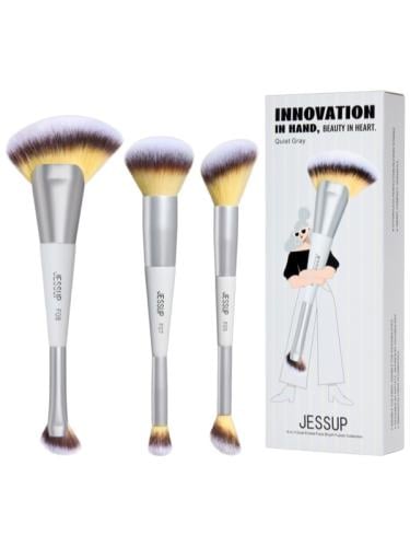 Jessup Quiet Gray 6-in-3 Dual-Ended Face Makeup Brush Set, Soft Vegan Fibers