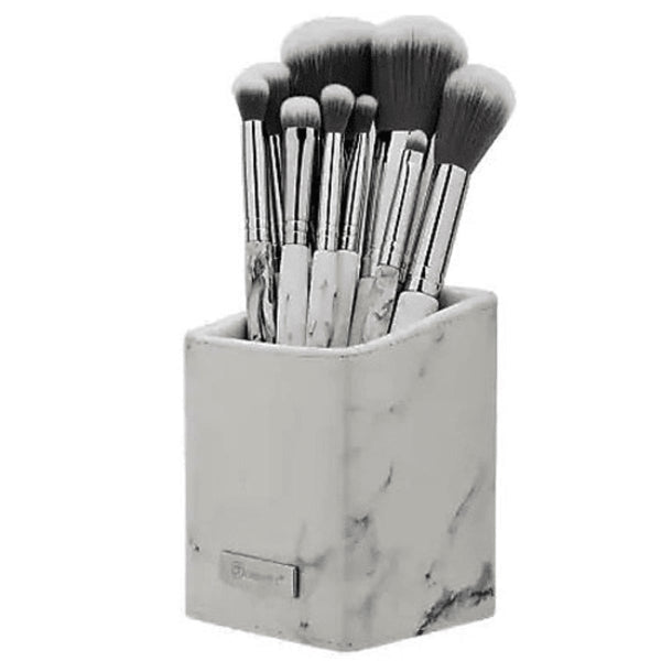 BH Cosmetics White Marble Makeup Brush Set With Angled Brush Holder, 9 Pieces