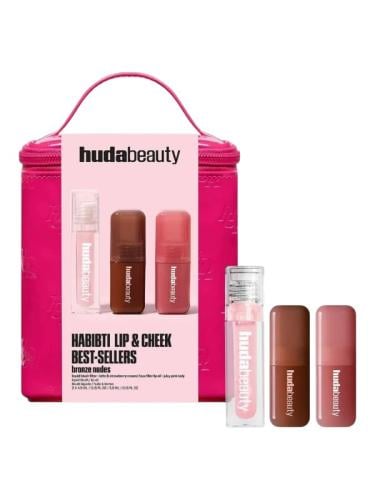 Huda Beauty Habibti Lip & Cheek Best-Sellers Set, Liquid Blush and Lip Oil, Bronze Nudes