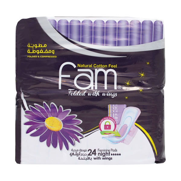 FAM Natural Cotton Feel Night Pads With Wings, Overnight Menstrual Protection, 24 Pieces