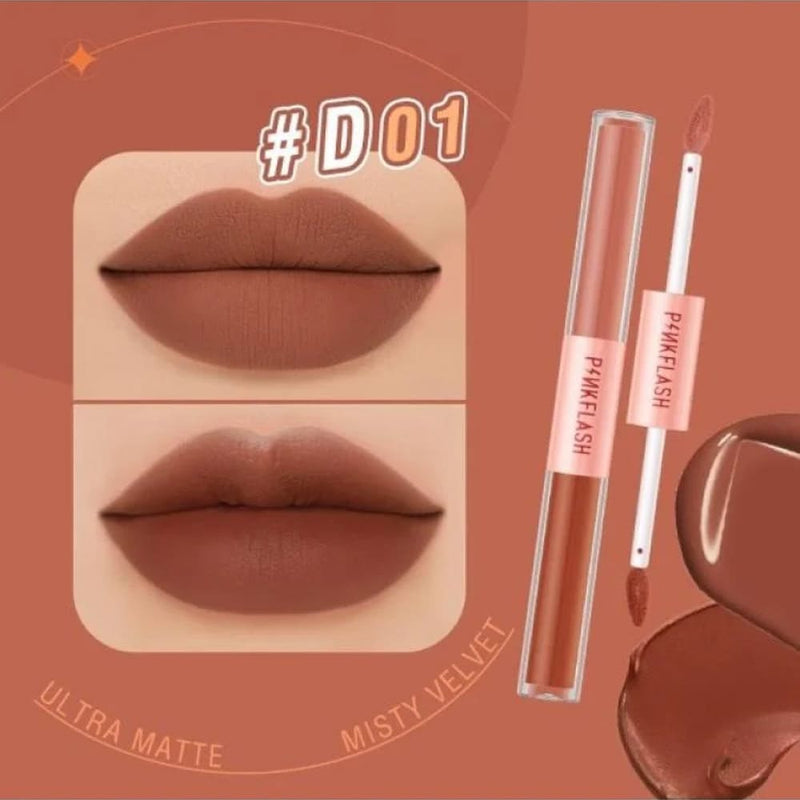 Pink Flash Duo Lipstick & Lip Gloss D01 Matte and Glossy Dual-Ended