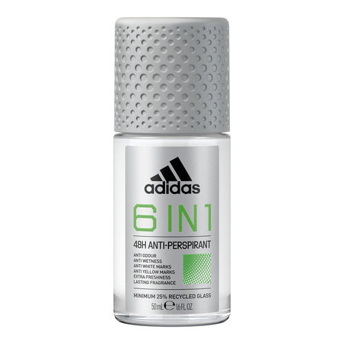 Adidas 6 in 1 Roll-On Antiperspirant for Men, Alcohol-Free, Fresh Scent, 50 ml