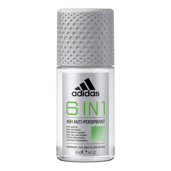 Adidas 6 in 1 Roll-On Antiperspirant for Men, Alcohol-Free, Fresh Scent, 50 ml