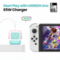 Ugreen Uno GaN Fast Wall Charger 65W 2 USB-C and USB Ports Cyan