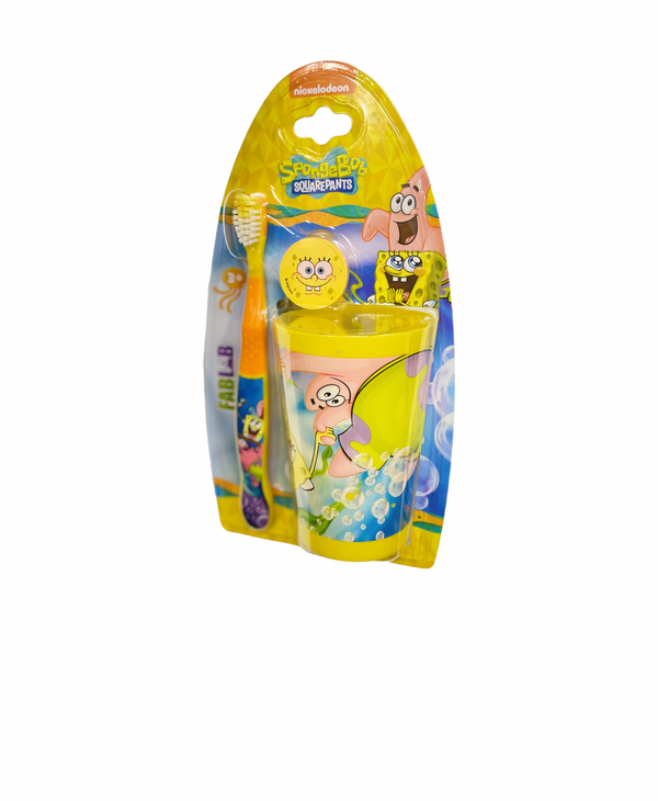 Fablab SpongeBob Soft Kids' Toothbrush with Cup, Rounded Bristles