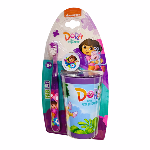 Fablab Dora Soft Toothbrush with Cup for Kids, Rounded Bristles, Dual-Grip Handle
