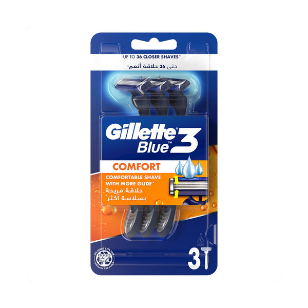 Gillette Blue 3 Disposable Razors Chromium Coating Lubrastrip Soft Ultragrip Handle Pack of 3