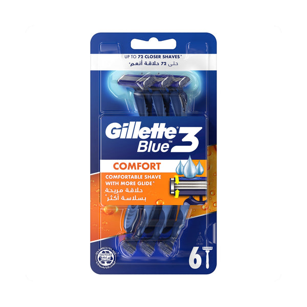 Gillette Blue3 Comfort Disposable Razors with Enhanced Lubrastrip, Pivoting Head, 6 Pack