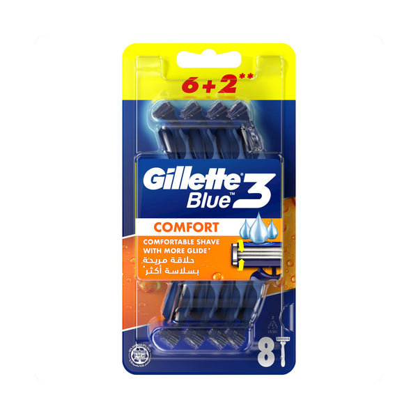 Gillette Blue 3 Disposable Razors Enhanced Lubrastrip Pivoting Head Pack of 6+2